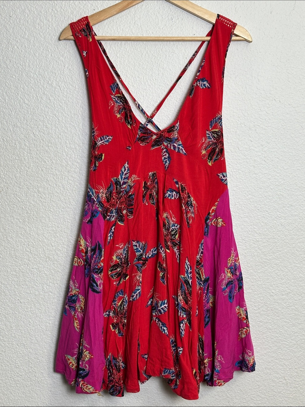 Free People Thought I Was Dreaming Red Floral Mini Dress Small Boho strappy back - Picture 2 of 11